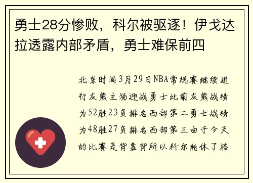 勇士28分惨败，科尔被驱逐！伊戈达拉透露内部矛盾，勇士难保前四