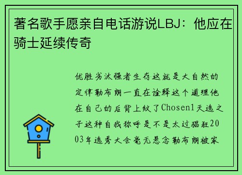 著名歌手愿亲自电话游说LBJ：他应在骑士延续传奇